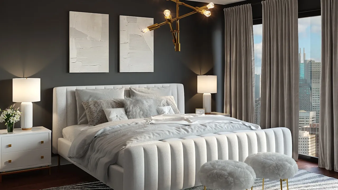 A moody late-night bedroom with city skyline in the window — the after-dark setting where random video chat etiquette matters most